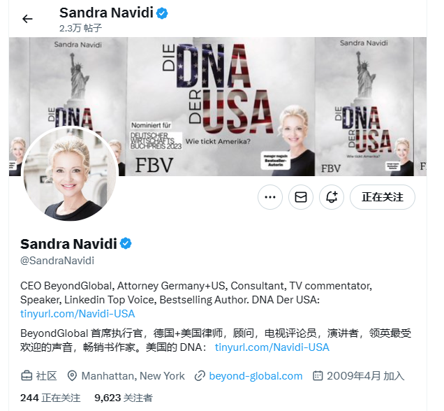 图片展示的是Sandra Navidi的Twitter主页。主页背景为她与美国标志性建筑自由女神像的合影，中间有“DIE DNA DER USA”字样。主页下方介绍她是BeyondGlobal首席执行官、德国+美国律师、顾问、电视评论员、演讲者、领英最受欢迎的声音、畅销书作家。主页还显示其加入时间为2009年4月，有244人关注，9,623人正在关注。该图片与文档中上传视频步骤相关，用于说明Sandra Navidi的身份背景。