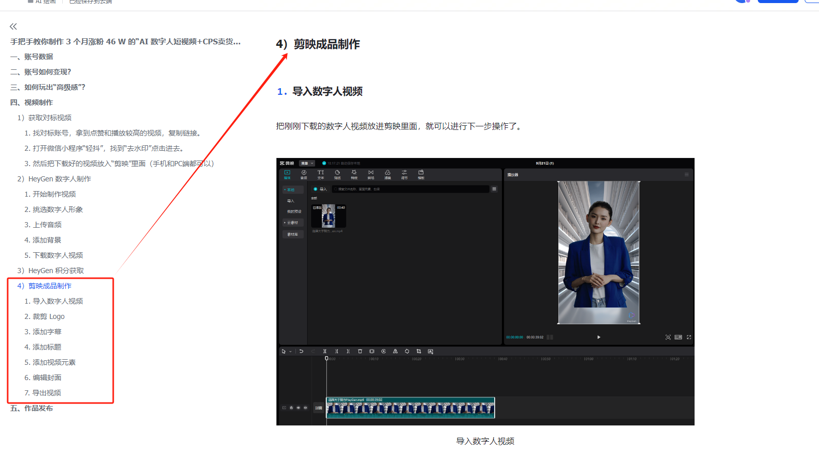图片展示了剪映成片制作的步骤，其中“4）剪映成品制作”被红色框突出显示。画面右侧是剪映软件界面，左侧有数字人视频，右侧是数字人形象。该图片与上下文紧密相关，上下文提到最终剪辑部分可参考之前文章，步骤一模一样，并有“【剪映成片制作】”标题，此图直观呈现了剪映成品制作中导入数字人视频这一操作，辅助说明剪辑视频的具体操作流程。