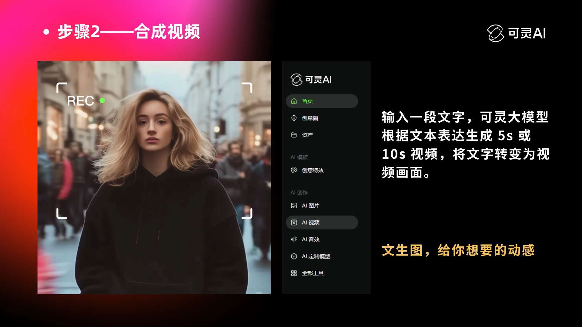 图片展示了“步骤2——合成视频”的内容。左侧是一张人物照片,右侧是可灵AI界面,显示“可灵AI”标识及多个功能选项,如AI视频、AI图片等。下方文字说明输入一段文字,可灵大模型根据文本表达生成5s或10s视频,将文字转变为视频画面。底部黄色文字强调“文生图,给你想要的动感”。该图片与上文“文生视频”制作流程相关,是制作视频的第二步操作展示。