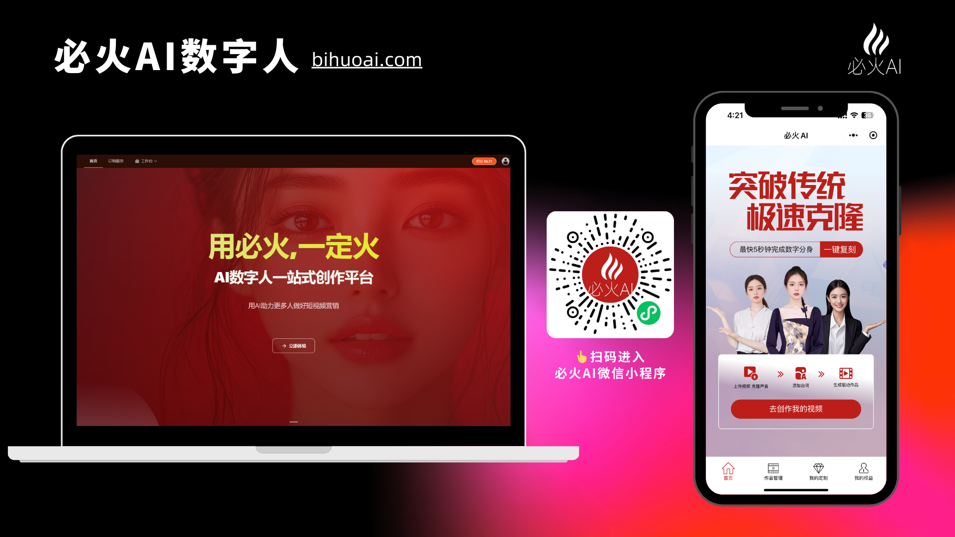 图片展示了必火AI数字人平台的界面。左侧是电脑端界面,显示“用必火,一定火 AI数字人一站式创作平台”,并有“去创作”按钮。右侧是手机端界面,上方有“突破传统 极速克隆”字样,下方有“扫码进入 必火AI微信小程序”及二维码,还展示了“克隆”“编辑”“发布”等功能按钮。图片与上下文紧密相关,直观呈现了必火AI数字人制作平台的使用场景,帮助用户了解其操作界面。