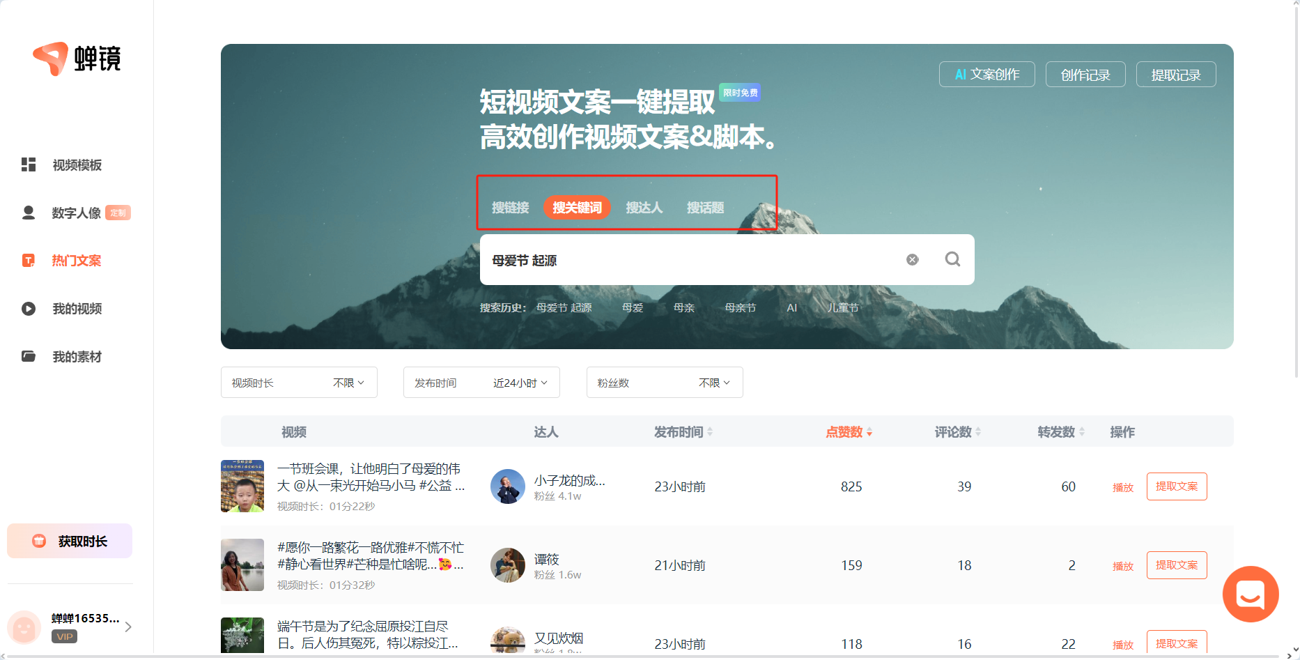 图片展示的是蝉镜平台的热门文案界面。界面上方有“短视频文案一键提取,高效创作视频文案&脚本”的宣传语。中间红框内有搜链接、搜关键词、搜达人、搜话题四个选项,下方搜索框输入了“母亲节起源”,并有搜索历史记录。下方展示了部分视频,包括视频标题、达人信息、发布时间、点赞数、评论数、转发数等,每个视频右侧有“提取文案”和“播放”按钮。此图与上下文关系紧密,直观呈现了通过蝉镜平台搜索母亲节相关热门文案的操作场景。