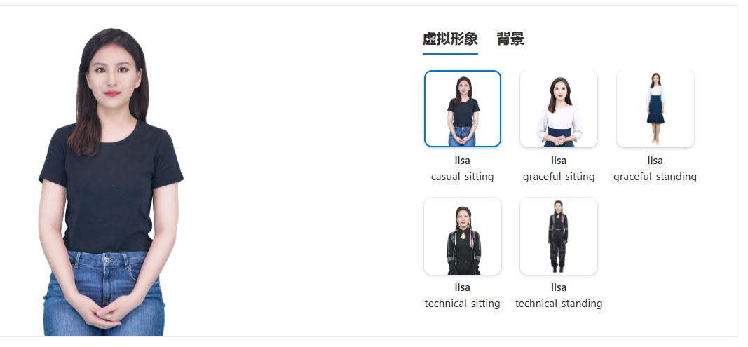 图片展示了微软Azure平台内制版文本转语音头像中的虚拟形象及背景。左侧是一位身着黑色上衣和蓝色牛仔裤的虚拟形象人物。右侧有五个小图,均标注为“lisa”,分别呈现了“casual - sitting”“graceful - sitting”“graceful - standing”“technical - sitting”“technical - standing”等不同姿态和风格的虚拟形象及背景。这些头像可供订阅用户即插即用,选择用于创造视频内容或开发互动应用程序等。