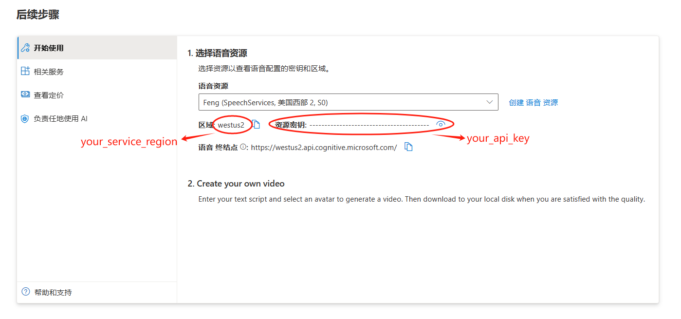图片展示了使用微软数字人的后续步骤。第一步是选择语音资源,可从下拉菜单中选择如Feng(SpeechServices,美国西部2,S0)等语音资源,下方有“区域”显示为westus2,“资源密钥”处有红框标注,旁边箭头指向代码中获取变量的对应内容your_service_region和your_api_key,语音终结点也有显示。第二步是创建自己的视频,输入文本脚本并选择头像生成视频,满意后下载到本地。此图与上文提到从语音资源获取两个API的内容相关。
