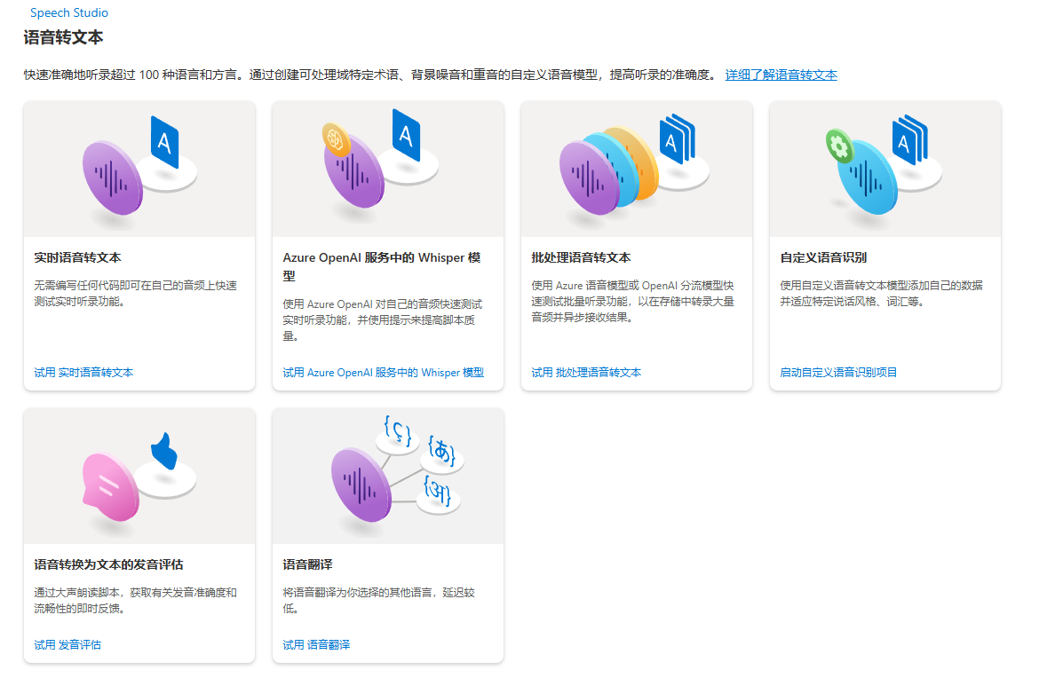 图片展示了Azure Speech Studio的语音转文本相关功能。画面中有六个功能模块，分别为实时语音转文本、Azure OpenAI服务中的Whisper模型、批处理语音转文本、自定义语音识别、语音转换为文本的发音评估以及语音翻译。每个模块都有图标和简短说明，如实时语音转文本可在自己的端点上测试实时听写功能等。这些功能体现了Azure Speech Studio在语音转文本领域的多样化与实用性，与上下文介绍的文字转语音等服务共同展现了其语音处理能力。