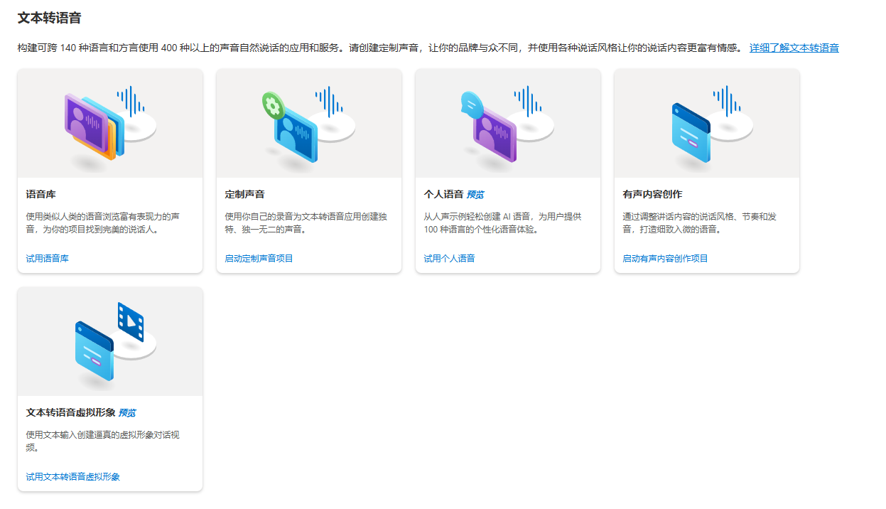 图片展示了Azure Speech Studio的文本转语音服务内容。分为“语音库”“定制声音”“个人语音”“有声内容创作”四个板块，分别对应使用语音库选择声音、使用自己的声音定制、从人类中转生成AI声音、通过内容创作声音。最下方是“文本转语音找形象”板块，可使用文本生成虚拟形象。图片与上下文紧密相关，直观呈现了文档中介绍的文本转语音服务功能。
