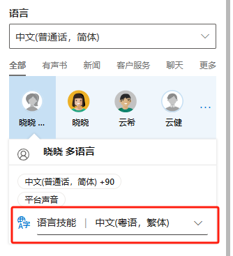 图片展示了Azure Speech Studio中语言设置界面。画面中“语言”下拉菜单被红色框线突出显示，当前选中“中文(普通话，简体)”。下方有多个数字人头像，其中“晓晓 多语言”头像被红色框线圈出，其下方“语言技能”下拉菜单被红色框线框住，显示“中文(粤语，繁体)”。该图片与上下文介绍的“语言切换”内容相关，直观呈现了语言切换的操作位置及当前选择的粤语繁体语言。