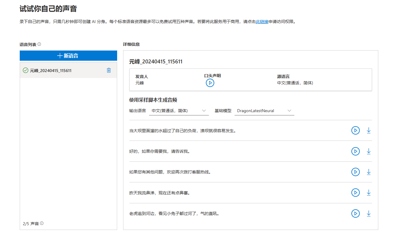 图片展示的是Azure Speech Studio中“试试你自己的声音”页面。页面上方有“试试你自己的声音”标题及说明，下方有语音列表，当前选中“元峰_20240415_115611”。详细信息部分显示该语音的创建人为元峰，基础模型为DragonLatestNeural，语音类型为中文普通话（简体）。下方有使用采样脚本生成音频的示例文本，包括“当大坝里面灌的水超过了自己的负荷，溃坝就很容易发生”等，每个示例文本右侧有下载图标。