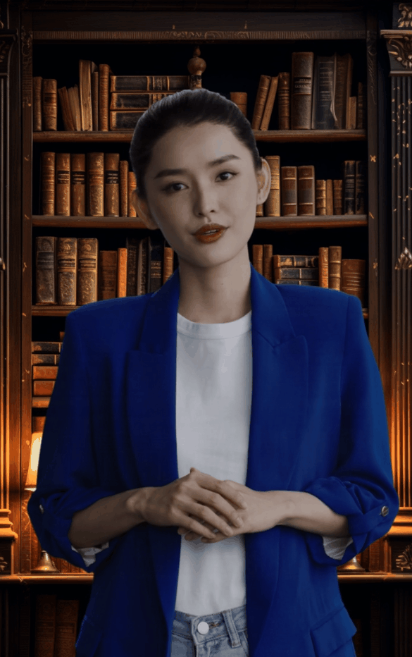 图片展示的是HeyGen内置数字人形象,身着蓝色西装外套,内搭白色T恤,下穿浅色牛仔裤,双手交叉于身前。背景为书架,摆放着多排书籍,营造出一种知识氛围。该图片与文档中“HeyGen已经内置很多虚拟形象”及“HeyGen内置数字人可以有手势”的内容相关,直观呈现了HeyGen内置数字人的形象样式,为挑选数字人形象提供参考。