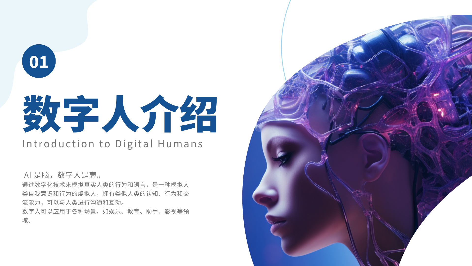 图片为“数字人介绍”内容，左上角有蓝色圆圈标注的“01”序号。标题下方英文为“Introduction to Digital Humans”。文字部分指出“AI是脑，数字人是壳”，说明数字人是通过数字化技术模拟真实人类行为和语言的虚拟人，拥有类似人类的认知、行为和交流能力，可应用于娱乐、教育等多种领域。右侧是一位带有科技感脑部结构特效的女性侧面形象。图片与上下文关系紧密，是对“数字人&自媒体”板块中数字人概念的直观阐释。