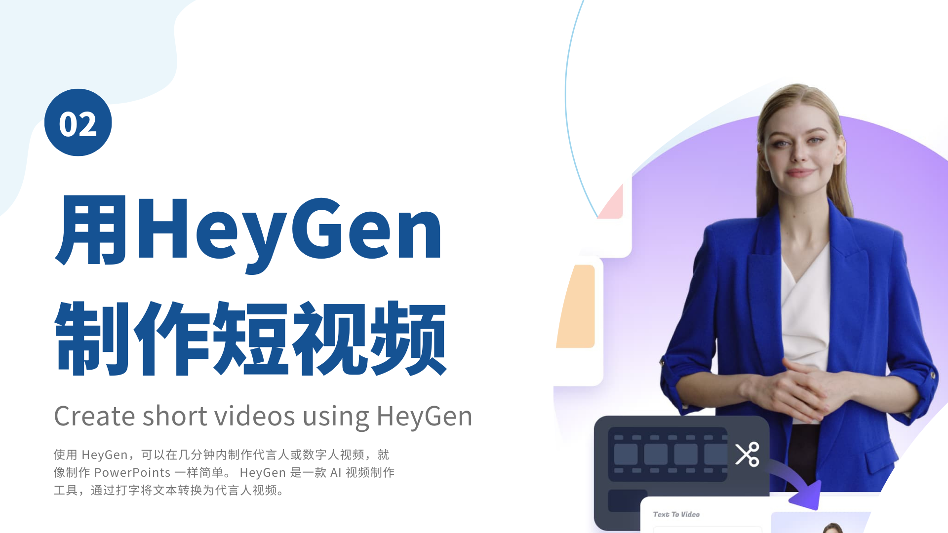 图片展示了HeyGen用于制作短视频的相关内容。画面左侧用较大字体写着“用HeyGen制作短视频”，下方小字说明使用HeyGen可在几分钟内制作代言人或数字人视频，如同制作PPT般简单，它是一款能将文本转换为代言人视频的AI工具。右侧有一位身着蓝色西装的女性形象，旁边配有视频编辑相关图标。此图与上下文关系紧密，直观呈现了HeyGen制作短视频这一主题，呼应了文档中对其功能的介绍。
