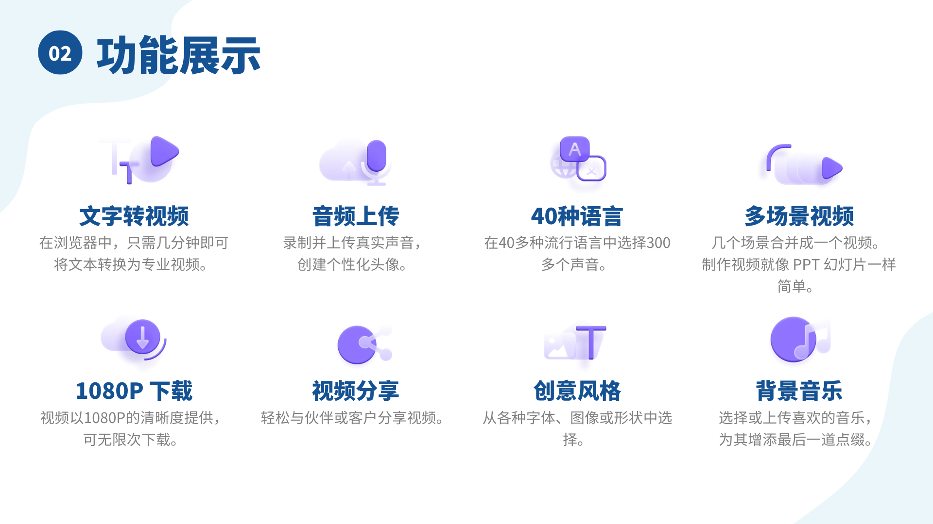 图片是HeyGen产品的功能展示图。上方标题为“功能展示”，下方展示了八项功能。分别是文字转视频，可在浏览器几分钟将文本转专业视频；音频上传，录制上传真实声音创建个性化头像；40种语言，可从40多种流行语言选300多个声音；多场景视频，场景合并做视频如PPT般简单；1080P下载，可无限次下载高清视频；视频分享，轻松分享视频；创意风格，可从多种字体等选择；背景音乐，可选择或上传音乐。此图与上下文介绍的产品卖点相契合。