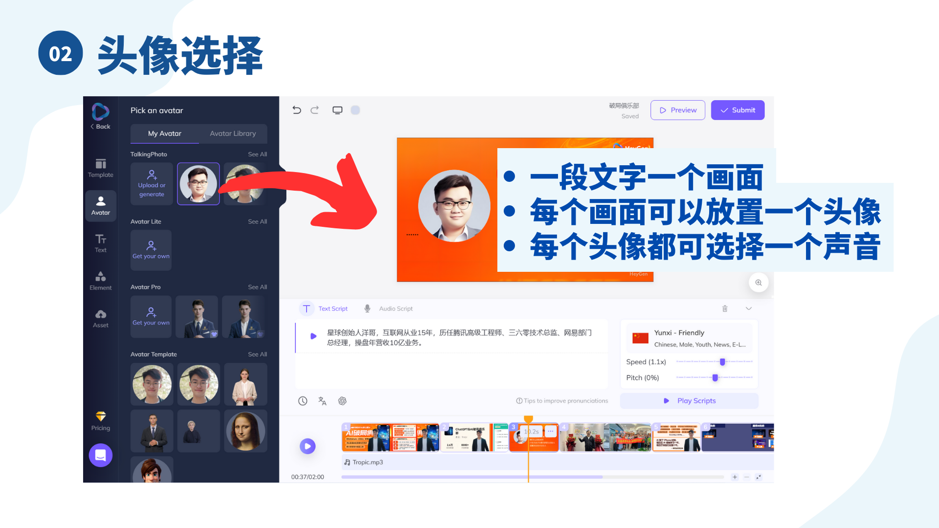 图片展示了HeyGen制作短视频时的头像选择界面。左侧是头像选择区，有“My Avatar”“Avatar Library”等选项，显示了不同来源和类型的头像，如上传或生成的头像等。右侧有橙色背景区域，用箭头指向头像，并以蓝色字体标注关键信息：一段文字对应一个画面，每个画面可放置一个头像，每个头像都能选择一个声音。下方有文字脚本输入框和音频设置区域等。该图与上文提到的制作视频时可为每个片段单独设置头像并选择声音的内容相呼应。