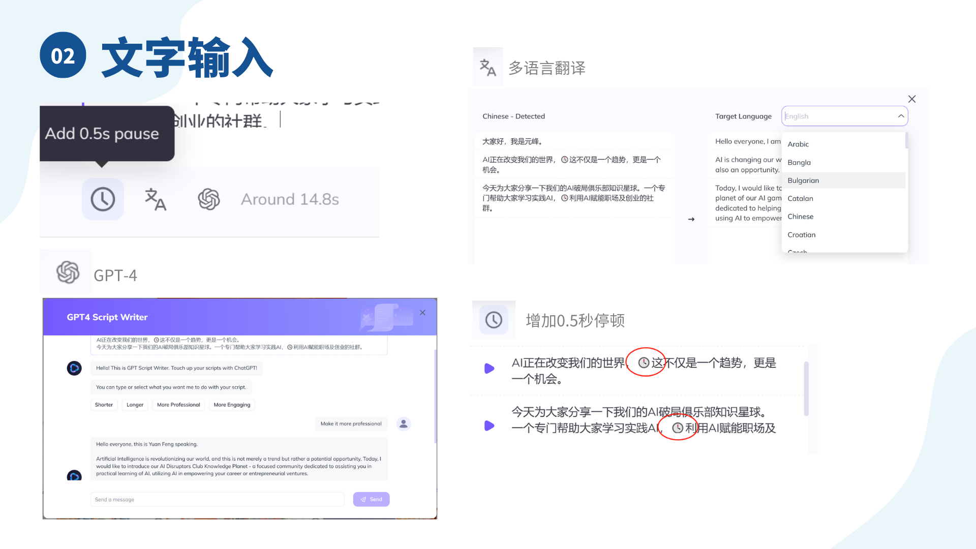 图片展示了HeyGen制作视频时的文字输入相关功能。左上方“文字输入”区域有三个按钮，分别是增加0.5秒停顿、多语言翻译、GPT - 4。右上方展示了多语言翻译功能，可将检测到的中文翻译成目标语言如英语等。左下方是GPT4 Script Writer界面，可对输入文字进行变长、变短等优化。右下方则通过示例展示了增加0.5秒停顿的位置标识。这些功能对应上文提到的输入文字后的三个按钮功能介绍，直观呈现其操作和效果。