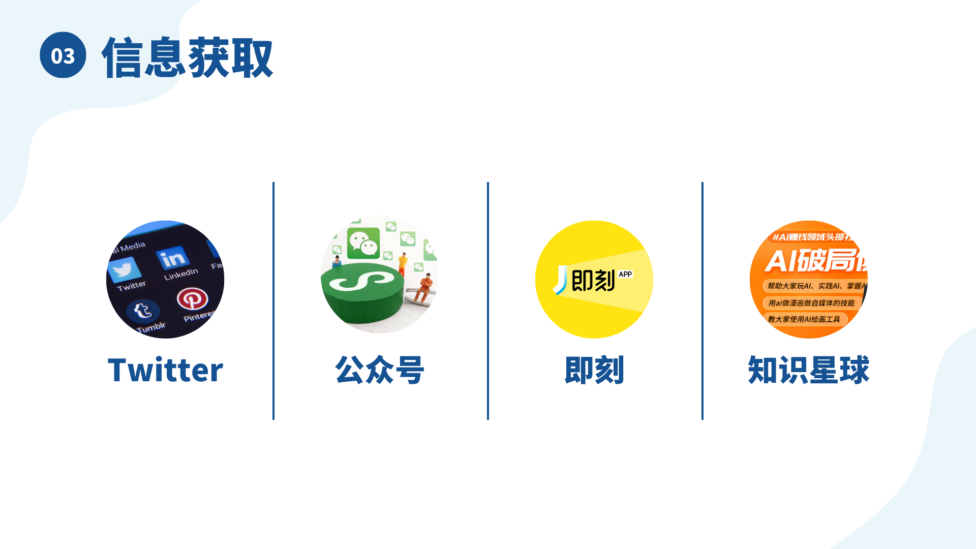 图片展示了获取AI领域第一手消息的来源，标题为“信息获取”。画面从左至右依次呈现了Twitter、公众号、即刻、知识星球的图标及名称。其中，Twitter图标内还包含其他社交媒体标识；公众号图标为绿色，带有对话框图案；即刻图标为黄色；知识星球图标为橙色，上有“AI破局”等文字。这与文档中提及的获取AI信息的来源相呼应，直观呈现了相关平台。