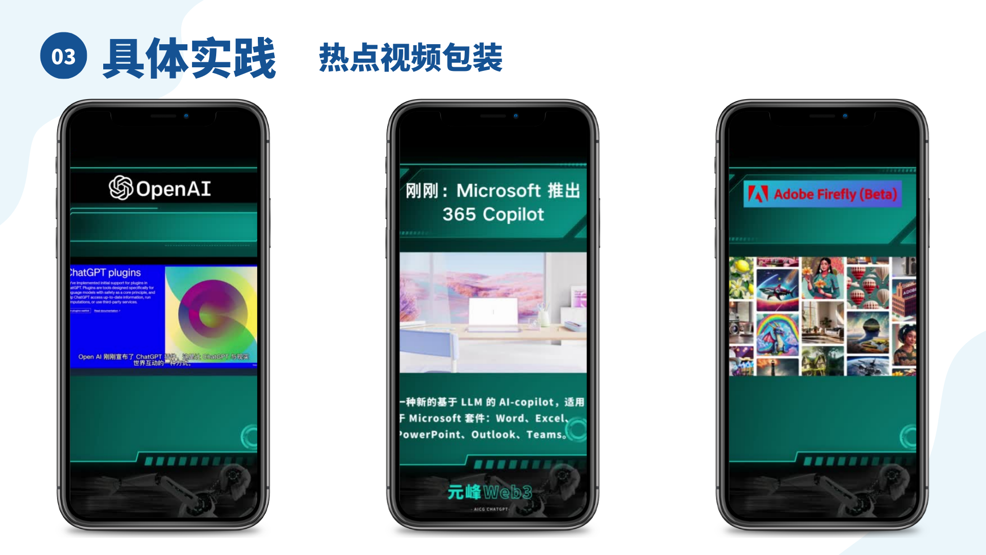 图片展示了元峰AI玩法实践中的热点视频包装具体实践。画面中有三部手机，分别显示OpenAI、Microsoft、Adobe Firefly (Beta)相关内容。左侧手机显示OpenAI及ChatGPT plugins信息；中间手机显示Microsoft推出365 Copilot，介绍其为基于LLM的AI - copilot，适用于Microsoft套件；右侧手机显示Adobe Firefly (Beta)及一些AI绘图作品。图片与上文元峰的AI玩法实践过程相呼应，直观呈现了实践中涉及的热点AI产品。
