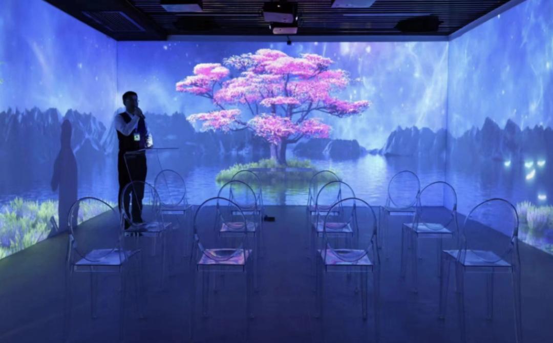 图片展示了一个充满科技感的室内场景。房间内摆放着多排透明椅子,前方有一位男士站立,似乎正在进行讲解。四周的墙壁上投影出绚丽的画面,包括粉色的繁花树、山水景色等,营造出梦幻的氛围。此图位于介绍殡葬行业数字化革命及数字家谱的文档中,可能是展示与数字纪念相关的应用场景,体现了数字化在纪念亲人等方面的应用,与文档中提到的数字墓位、数字家谱等数字化纪念方式相呼应。