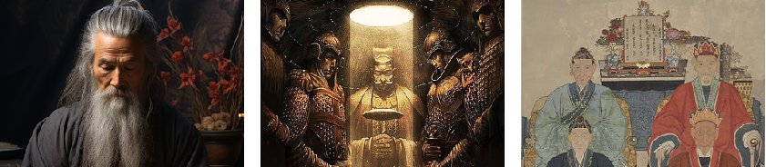 图片由三张图像组成。左侧是一位白发长须、身着黑衣的老者;中间是一尊被灯光照亮的古代人物塑像,周围有身着盔甲的人物;右侧是一幅古代家族人物画像,画面中有几位穿着传统服饰的人物。图片位于介绍数字家谱的上下文中,通过展示不同形式的先人形象,直观呈现出传统家谱中对祖先的呈现方式,与后文提到的可通过数字家谱和家族已故长辈对话形成对比,突显数字家谱丰富先人的档案、实现互动的特点。