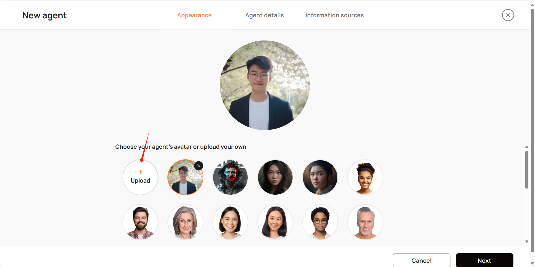 图片展示的是打造交互式AI Agents过程中“第二步:上传一个自己的头像”的操作界面。界面上方显示“New agent”,下方有“Appearance”等选项卡。中间大圆形区域展示了已上传的头像,下方有多个人物头像供选择,最左侧有一个带红色箭头指向的“Upload”按钮,提示用户可以选择智能体头像或上传自己的头像。该图片与上下文紧密相关,直观呈现了上传头像这一步骤的操作页面。