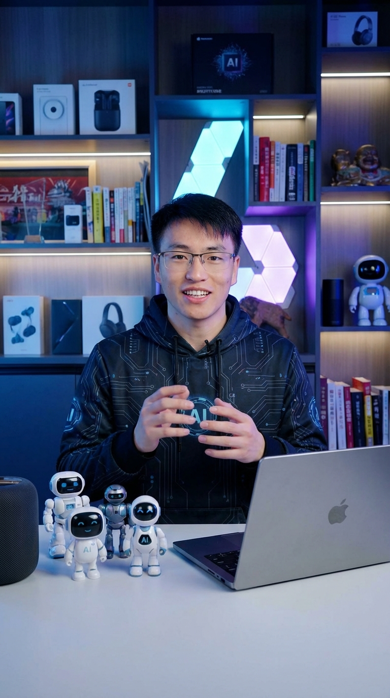 图片展示的是Nano Banana Pro AI数字人拜年视频中创建AI虚拟形象的场景。画面中,博主身着黑色带有电路图案的外套,手持手机,面带微笑,背景为深色木质墙面,摆放着多款科技产品、书籍、玩偶等,左侧有多个白色机器人模型,右侧是苹果笔记本电脑。背景墙上有“AI”标识的灯牌,整体灯光偏冷色调,营造出科技氛围,与上下文介绍的灯光与氛围、技术规格等内容相契合。