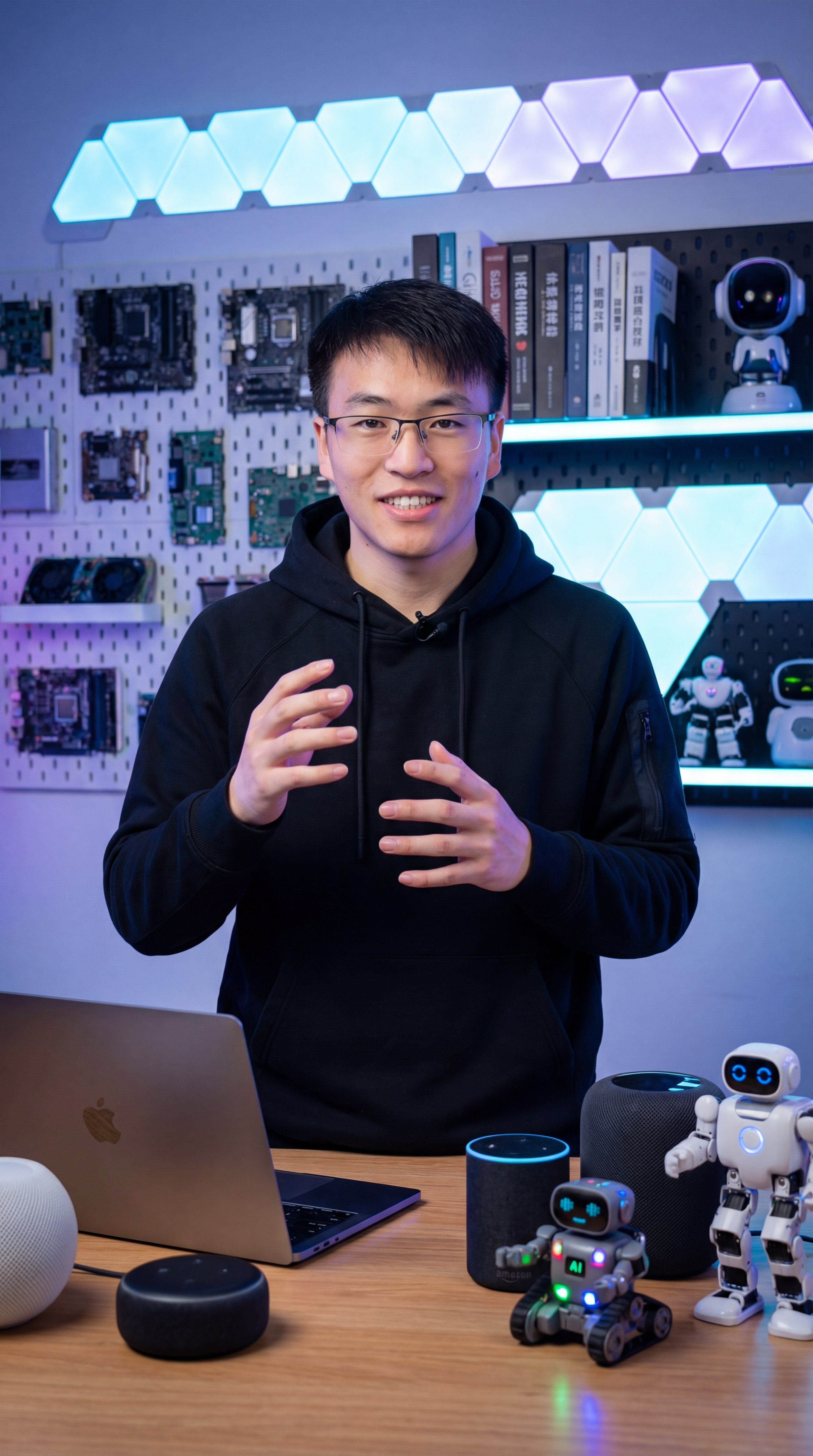 图片展示了一位身穿黑色连帽衫的博主,他站在桌前,桌上摆放着笔记本电脑、智能音箱等设备,桌前还有两款机器人。背景是冷色调灯光效果的墙面,墙面上有电路板等装饰,上方有排列整齐的书籍和一个机器人模型。博主面带微笑,手势生动,似乎在介绍或演示相关内容。此图与上文“灯光与氛围:冷色调的灯光效果突显科技氛围,聚光灯照亮博主的面部和手势,电脑和设备上的光芒映在他的脸上,营造出互动科技的未来感”相呼应,直观呈现了所描述的场景。