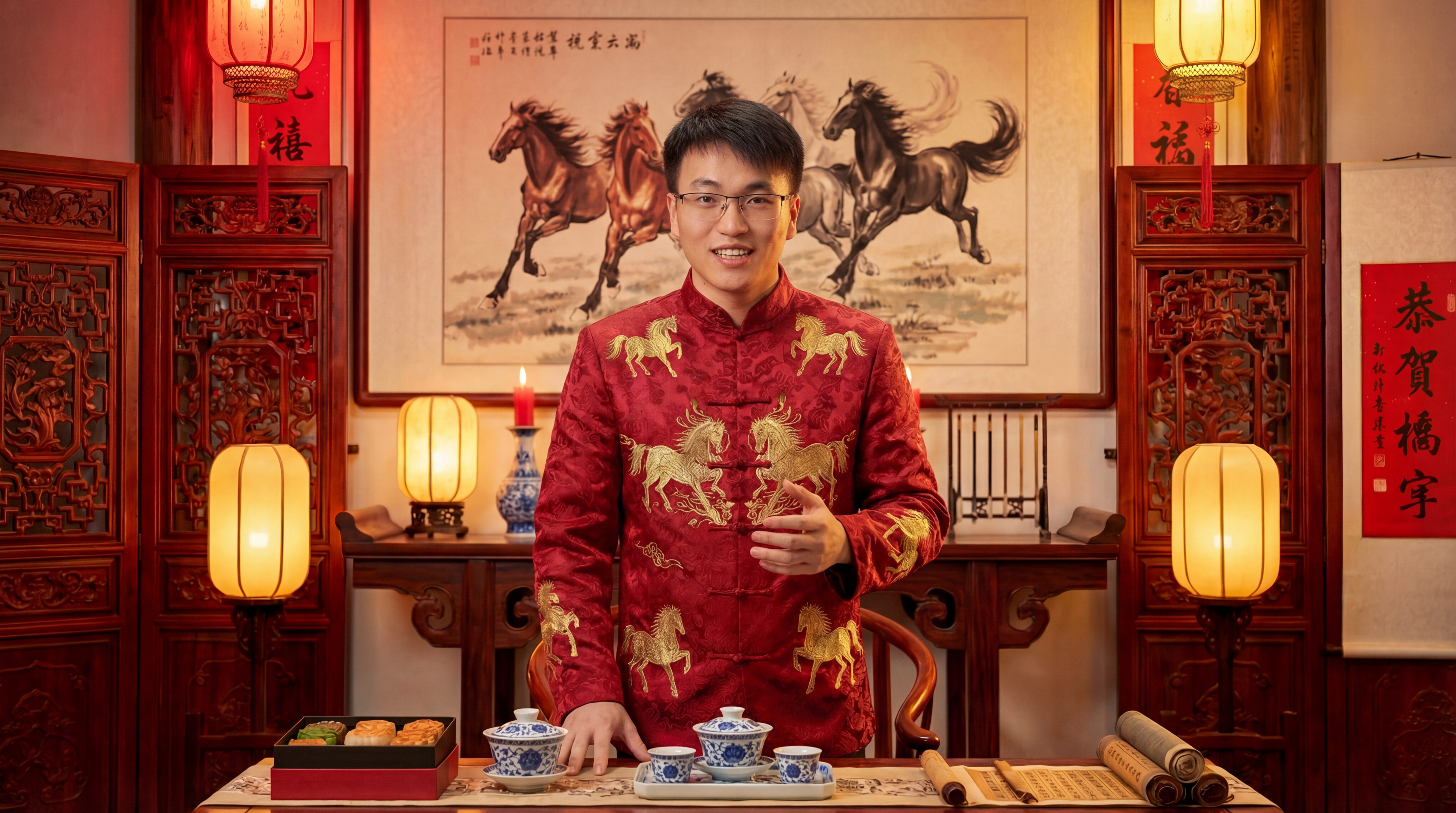 图片展示了一位身穿红色中式服装的男子,背景为中式装饰,墙上挂有四匹飞奔的马的画作,两侧有“福”字装饰,桌上摆放着茶具、糕点等物品。该图片位于介绍春节AI数字人拜年视频制作流程中“数字人长视频制作”部分,用于展示数字人拜年视频中数字人角色的形象,与上下文介绍的数字人拜年视频制作内容相呼应。