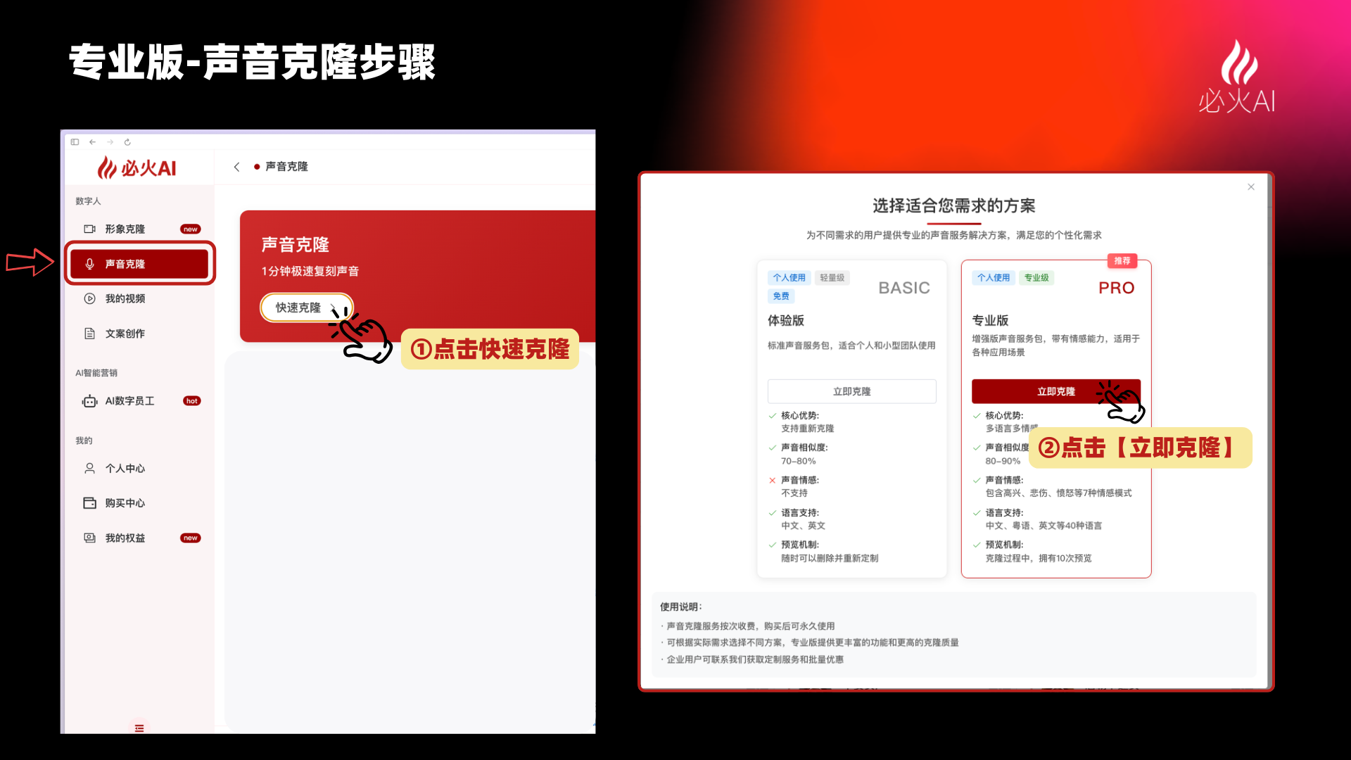 图片展示了必火AI专业版声音克隆步骤。左侧界面中,箭头指向“声音克隆”选项,下方有“快速克隆”按钮,标注①处提示“点击快速克隆”。右侧界面是选择方案页面,有BASIC、专业版、PRO等方案,标注②处提示点击“立即克隆”。图片内容与上文提到的进入克隆界面,在【声音克隆】页面点击【快速克隆】相呼应,直观呈现了声音克隆的操作步骤。