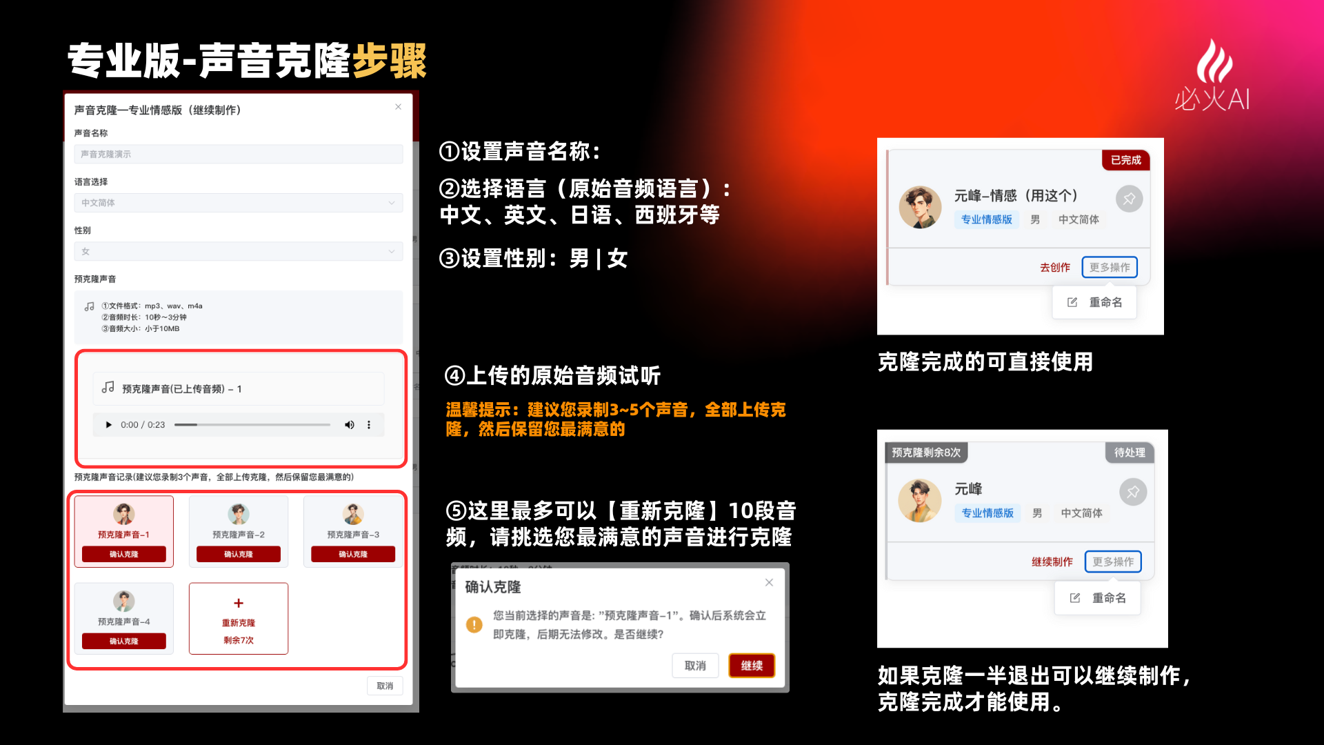图片展示了必火AI数字人声音克隆步骤。左侧是克隆界面,有设置声音名称、选择语言、设置性别等操作,还显示上传的原始音频试听及可重新克隆的音频选项。右侧上方是克隆完成的元峰-情感头像,下方是元峰-情感和元峰-中性头像,提示克隆完成才能使用。图片与上下文紧密相关,直观呈现了声音克隆的具体操作流程,帮助用户了解如何进行克隆操作。