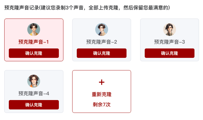 图片展示的是必火平台“声音克隆”页面中预克隆声音记录界面。界面上方提示“建议您录制3个声音,全部上传克隆,然后保留您最满意的”。下方有四个红色边框的白色卡片,分别显示“预克隆声音-1”“预克隆声音-2”“预克隆声音-3”“预克隆声音-4”,每张卡片下方都有“确认克隆”按钮。最下方有一个红色边框的卡片,显示“重新克隆”“剩余7次”,并有一个红色加号。该图片与上文提到的上传音频并选择预克隆中最好的一个进行声音克隆的内容相关。