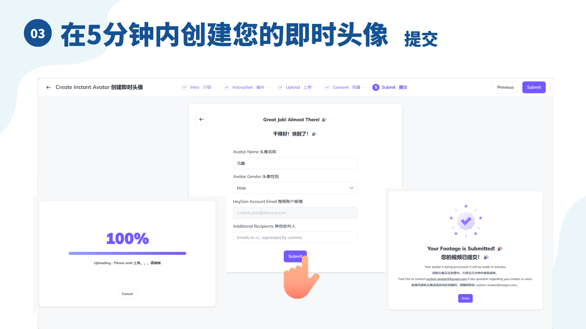 图片展示的是在5分钟内创建即时头像的提交界面。画面中显示“Great job! Almost There”及“干得好！快放了！”字样，下方有头像名称、性别、模式等填写框，以及Hayvan Account Email等邮箱填写框。画面右下角有“Submit”提交按钮，旁边显示“Your Footage is Submitted”及“您的视频提交成功！”字样。该图片与上文提到的数字人克隆最后一步提交并等待的内容相关，直观呈现了提交界面及成功提交的提示。