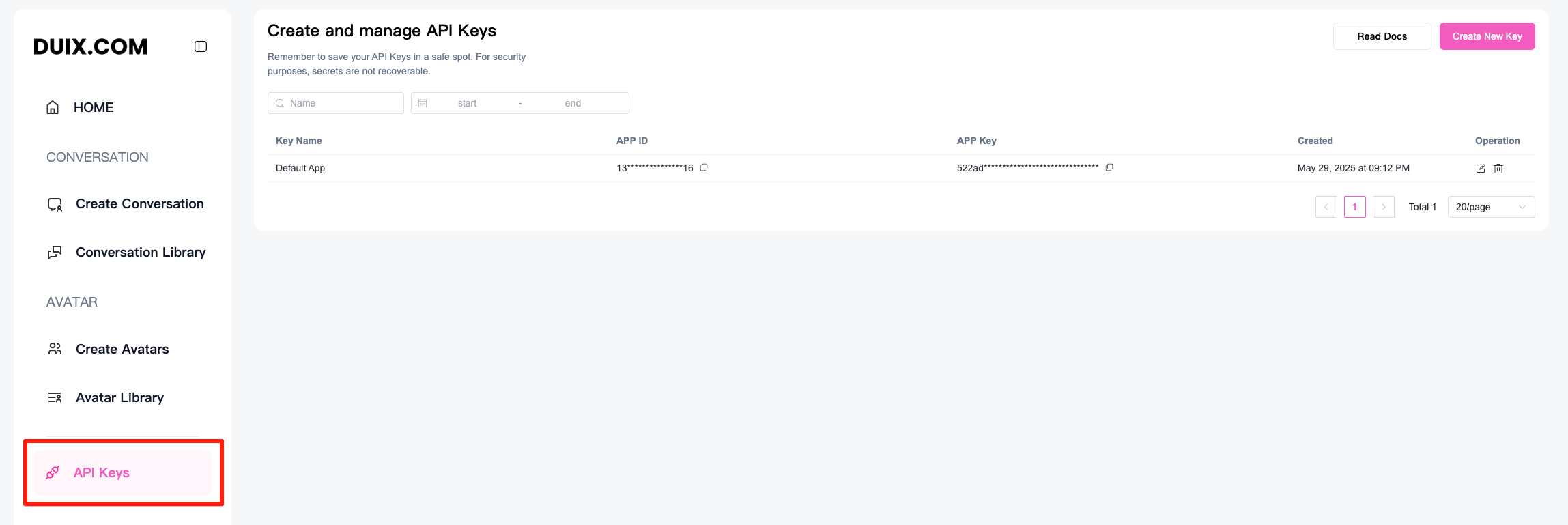图片展示了DUIX平台中“Create and manage API Keys”页面。左侧导航栏中,“API Keys”选项以红色高亮显示。右侧界面显示了API相关信息,包括Key Name为“Default App”,对应的APP ID、APP Key以及创建时间等。该图片与上下文提到的将DUIX实时互动功能集成到网站、APP或其他应用时需复制App ID、App key和Conversation ID相关,直观呈现了获取App ID和App key的页面位置及相关信息。