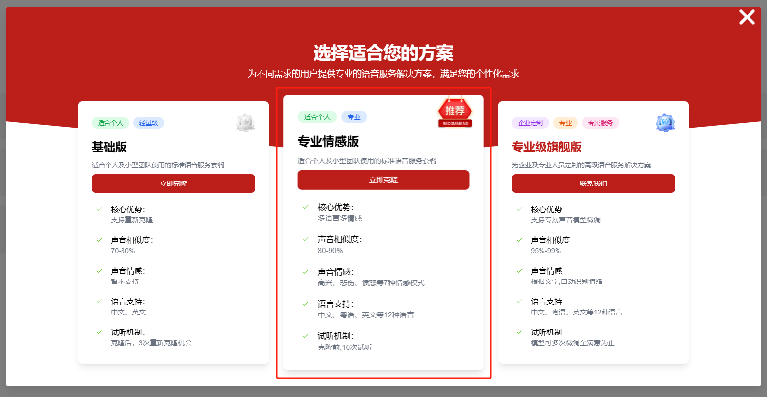 图片展示的是必火AI数字人平台上的声音克隆方案选择界面。界面上方有“选择适合您的方案”的标题,下方分三栏分别呈现基础版、专业情感版、专业级旗舰版三种方案。各方案均标明适合人群,且列出核心优势,如声音相似度、语音情感、语言支持等方面的差异。基础版声音相似度70 - 80%,无语音情感;专业情感版80 - 90%,有7种情感模式;专业级旗舰版90% - 95%,有12种语言支持。此图与上文声音克隆步骤相关,为选择声音克隆方案的展示。