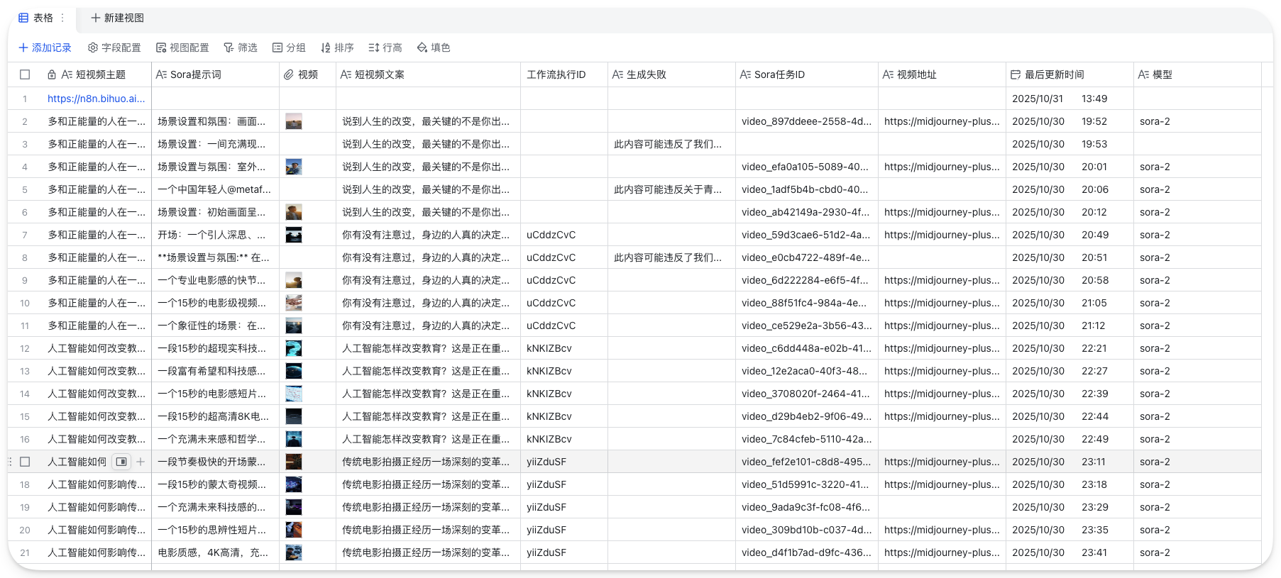 图片展示的是n8n平台中“AI 视频生成”任务的运行记录。记录中列出了多个任务的名称、AI 视频生成ID、AI 视频地址、最后运行时间及AI 模型等信息。其中,任务名称多为“AI如何改变教育”等主题,AI 视频生成ID、AI 视频地址等均有对应内容,最后运行时间显示为2023年10月30日,AI 模型均为sora - 2。该图片与上文提到的Sora2视频生成效果相关,直观呈现了实际跑通后的任务运行情况。