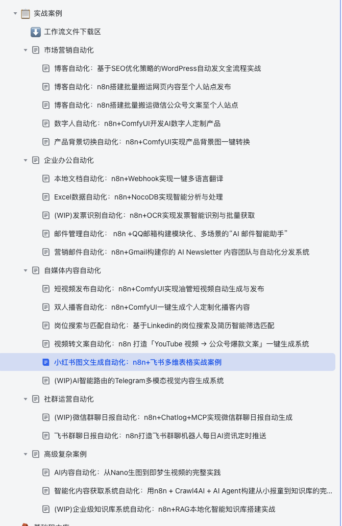 图片展示的是林月半子课程中的实战案例板块,涵盖工作流文件下载区、市场营销自动化、企业办公自动化、本地文档自动化、小红书图文生成自动化等多个方面。其中,“小红书图文生成自动化:n8n+飞书多维表格实战案例”以蓝色高亮显示,表明其为当前重点介绍的内容。该图片与上下文紧密相关,直观呈现了课程丰富的内容体系,突出小红书图文生成自动化案例,为读者提供学习方向。