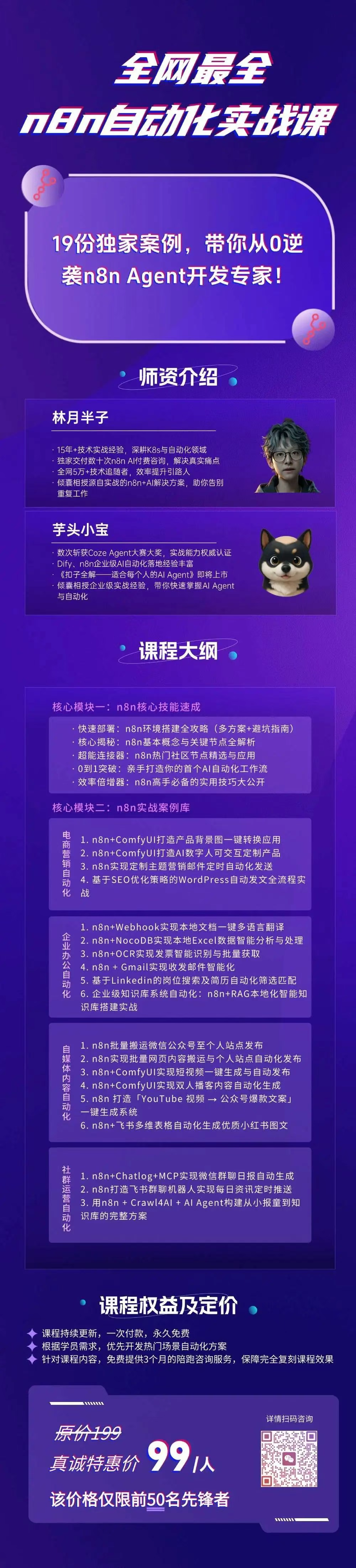 图片是林月半子的n8n自动化实战课宣传海报。海报以紫色为主色调,上方标题为“全网最全n8n自动化实战课”,下方介绍有19份独家案例,可从0逆袭n8n Agent开发专家。师资介绍有林月半子和芋头小宝。课程大綱分为核心课程一和核心课程二,涵盖n8n基础搭建、n8n实战案例等内容。课程权益及定价为原价199元,现特价99元,限前50名先锋者。
