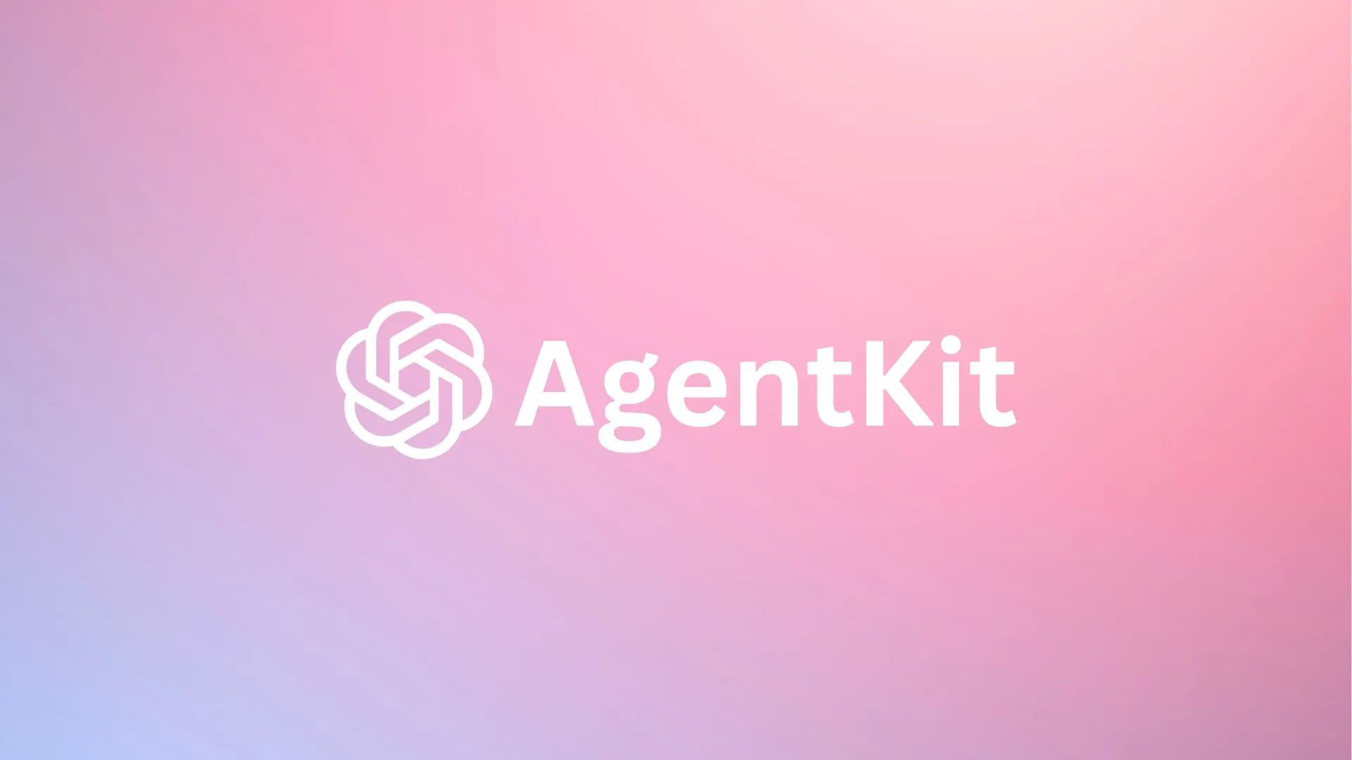 图片展示了OpenAI推出的AgentKit工具包的标志。标志由一个白色的线条构成的环形图案，图案内有类似齿轮的结构。右侧配有“AgentKit”字样，字体为白色。背景为渐变色，从左下角的浅蓝色过渡到右上角的粉红色。该图片位于介绍OpenAI正式推出AgentKit，目标是让构建和部署AI Agent变得更简单的上下文之后，直观呈现了AgentKit这一工具包的标识。