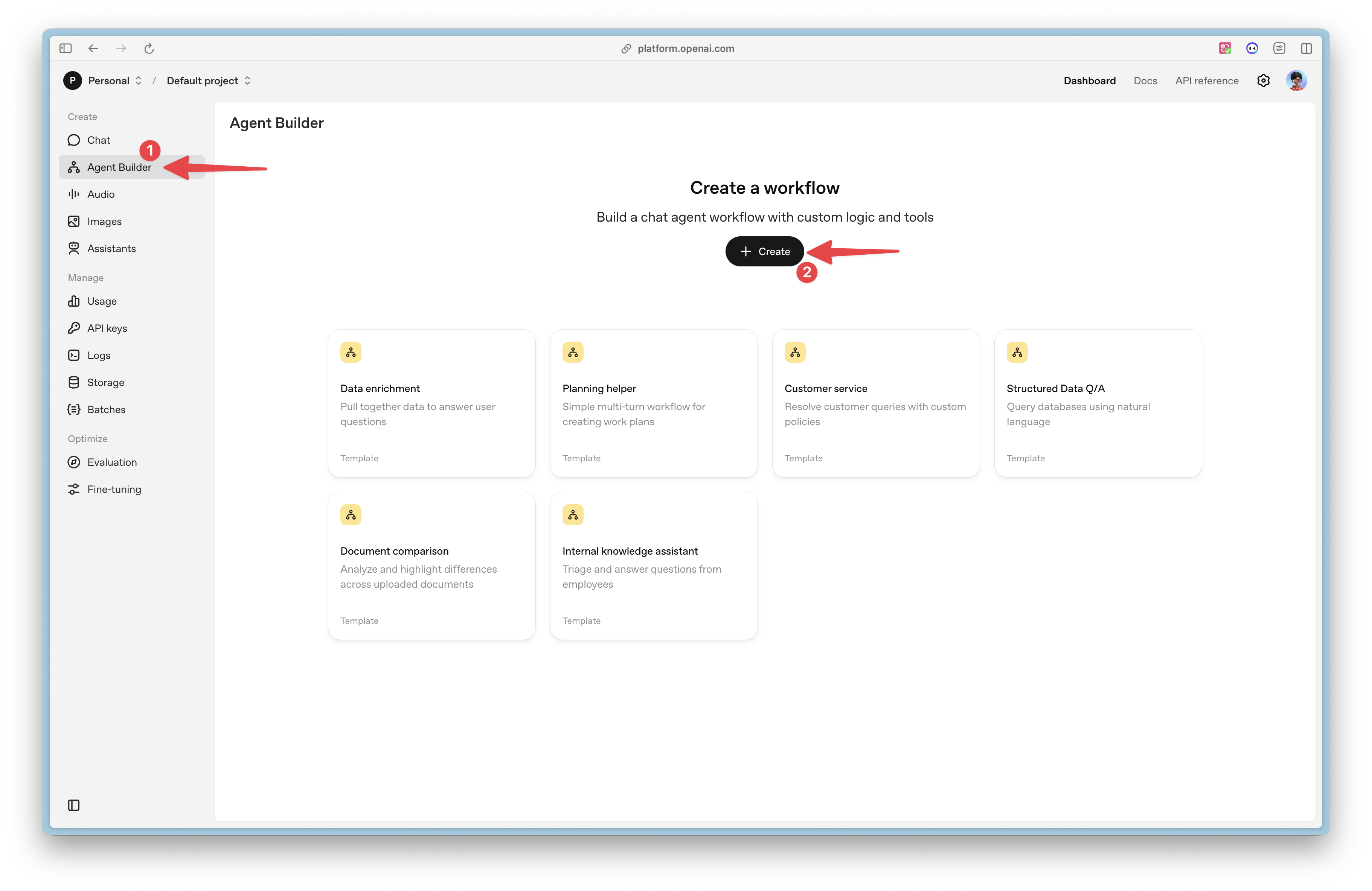 图片展示了OpenAI平台Agent Builder界面。左侧导航栏中“Agent Builder”选项被红色箭头1指向。右侧是“Create a workflow”区域，有“+ Create”按钮被红色箭头2指向，下方有多个工作流模板，如数据丰富、规划助手等。该图片与上下文紧密相关，上下文介绍在OpenAI平台登录后，先创建组织，然后在左侧菜单里找到Agents部分，此图直观呈现了在该部分找到Agent Builder及创建工作流的界面情况，辅助理解构建和部署Agent的流程。