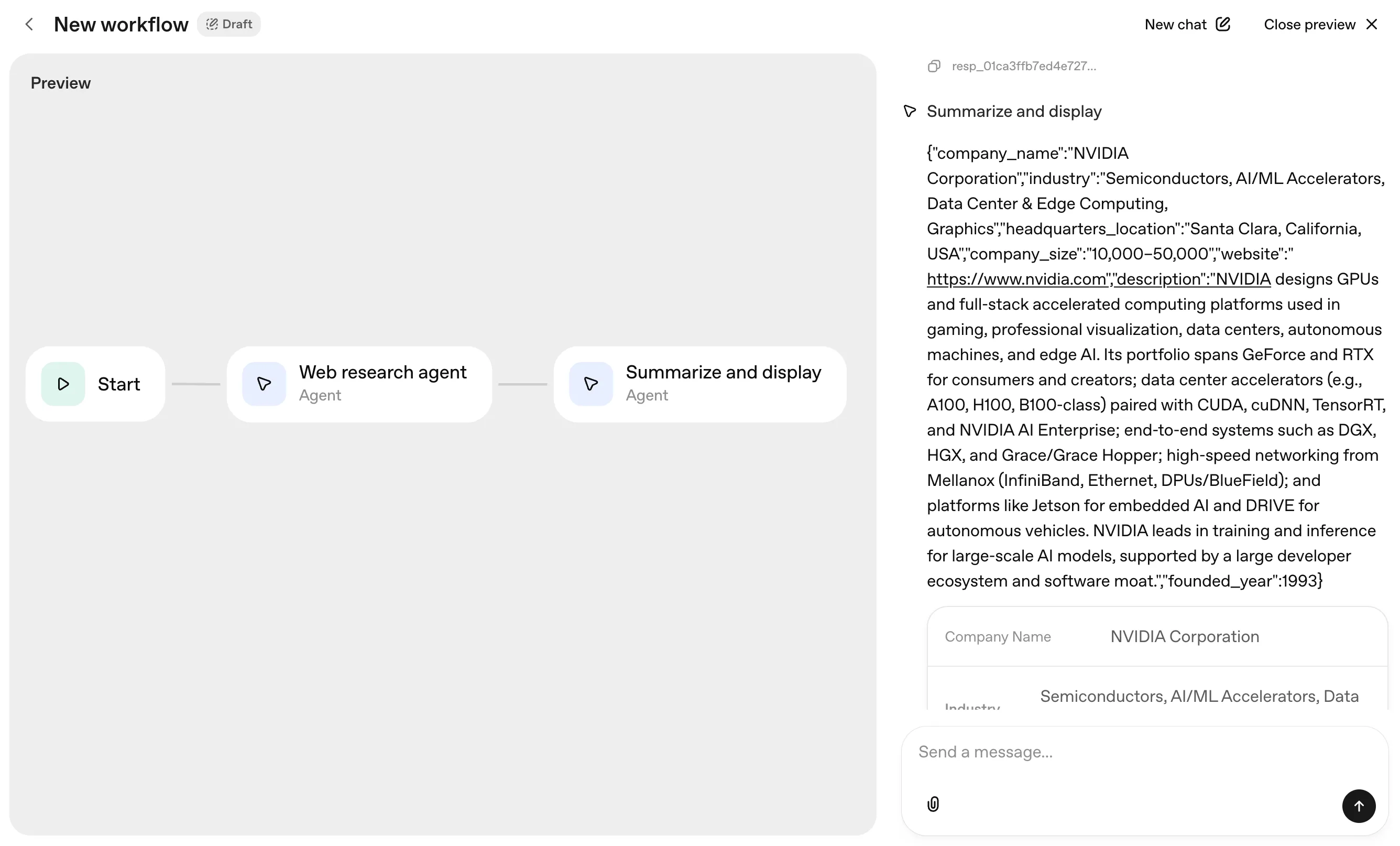 图片展示了OpenAI的AgentKit中设计的首个工作流示例。左侧为工作流设计界面，包含“Start”起始节点，“Web research agent”网络搜索节点，“Summarize and display”总结展示节点。右侧是聊天界面，输入“分析一下NVIDIA这家公司”，下方显示网络搜索Agent的输出，包括公司名称、行业、产品等信息，还呈现了总结摘要，如NVIDIA设计GPU等。该图直观呈现了使用AgentKit设计工作流及测试过程。