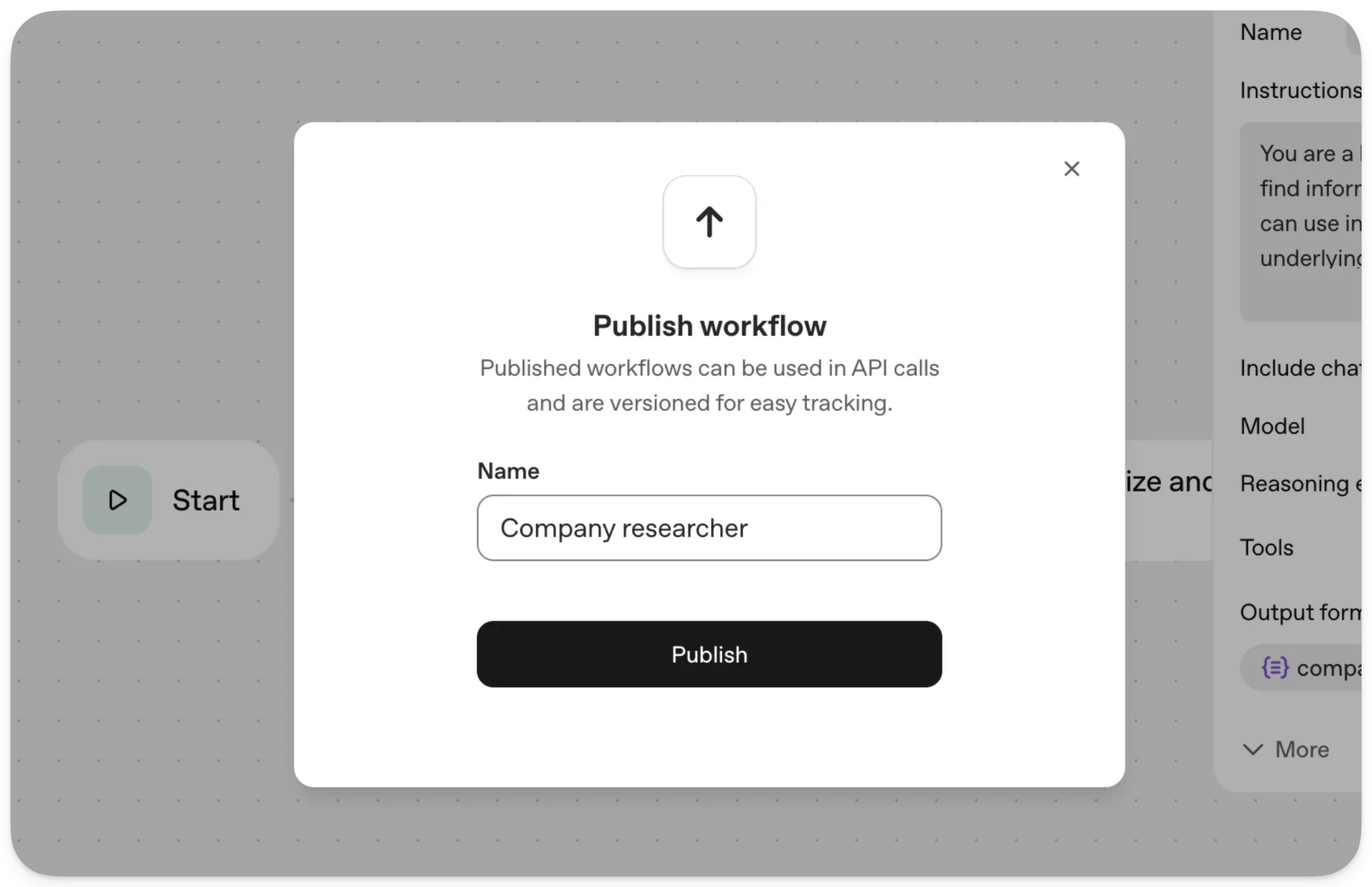 图片展示的是OpenAI的AgentKit发布Agent工作流时的界面。界面上方提示“Publish workflow”，说明发布的工作流可在API调用中使用且版本化以便追踪。下方有“Name”输入框，已输入“Company researcher”，并有“Publish”按钮。该图片与上下文紧密相关，上下文提到在确认工作流运行正常后，需点击右上角“Publish”按钮，系统会提示命名和设置版本号，发布成功后工作流可通过API调用，此图直观呈现了发布工作流时的操作界面及关键步骤。
