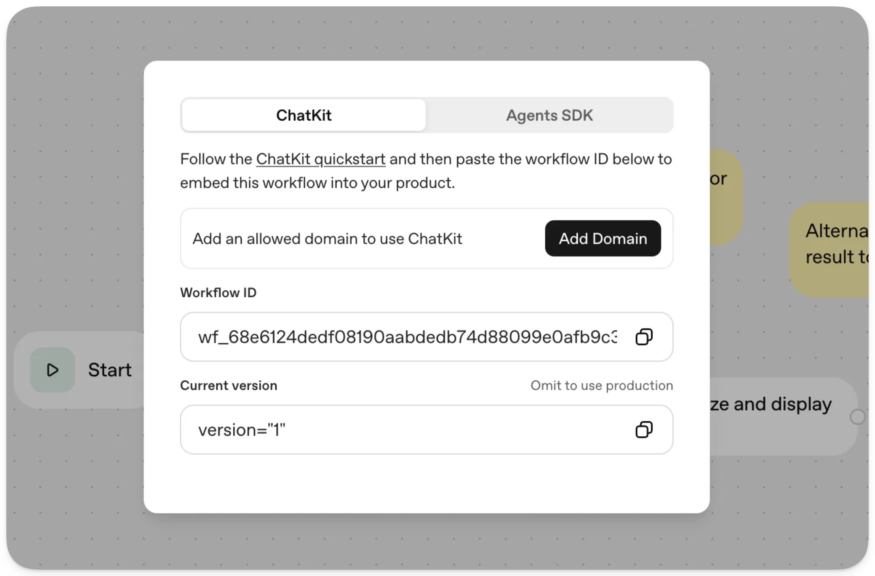 图片展示的是ChatKit应用发布时的嵌入设置界面。上方有“ChatKit”和“Agents SDK”选项卡，当前选中“ChatKit”。下方提示按ChatKit快速启动指南操作，可将工作流ID嵌入产品。有“Add an allowed domain to use ChatKit”输入框及“Add Domain”按钮，以及显示的Workflow ID和Current version设置区域，其中Workflow ID为wf_68e6124dedf08190aabdedb74d88099e0afb9c:，Current version为“version=“1””。该图片与上下文介绍的ChatKit发布后嵌入应用的操作步骤相关。