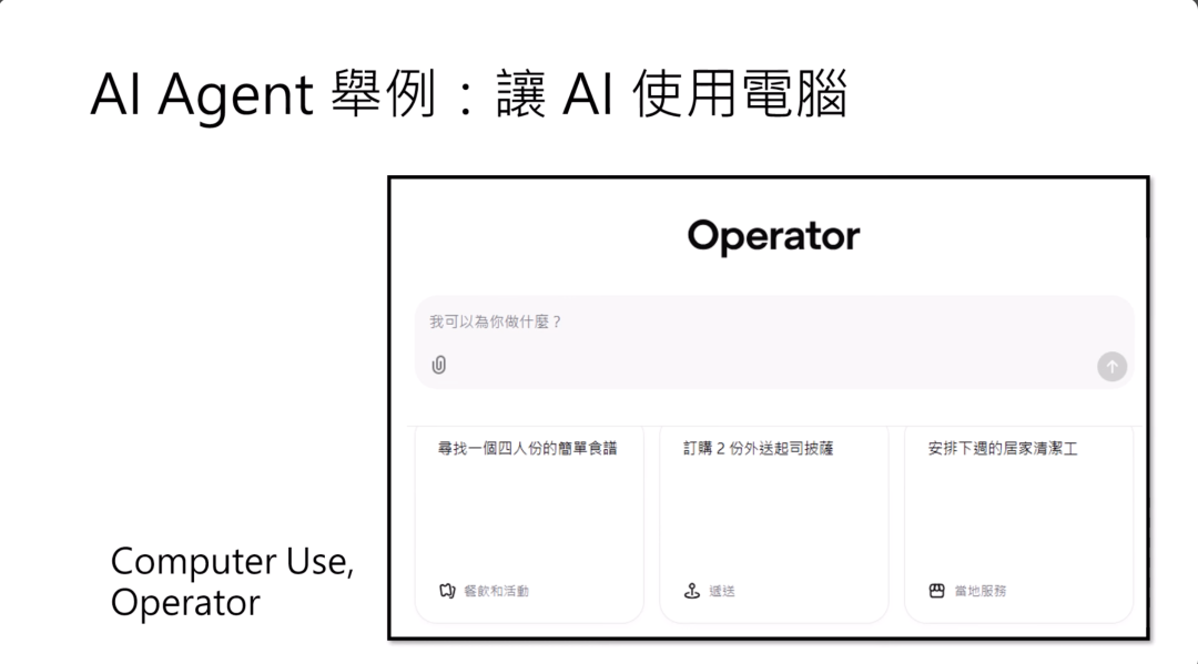 图片展示了“让AI使用电脑”的AI Agent示例——Operator界面。界面顶部显示“Operator”字样，下方有输入框，提示“我可以为你做什么？”。输入框右侧有发送图标。下方有三个功能示例，分别为“寻找一个四人份的菜单食谱”“订购2份外送起司披萨”“安排下周的居家清洁工”，每个示例下方还有相关图标。该图片与上下文紧密相关，直观呈现了文中提到的能订pizza、预约居家清洁等功能的operator界面。