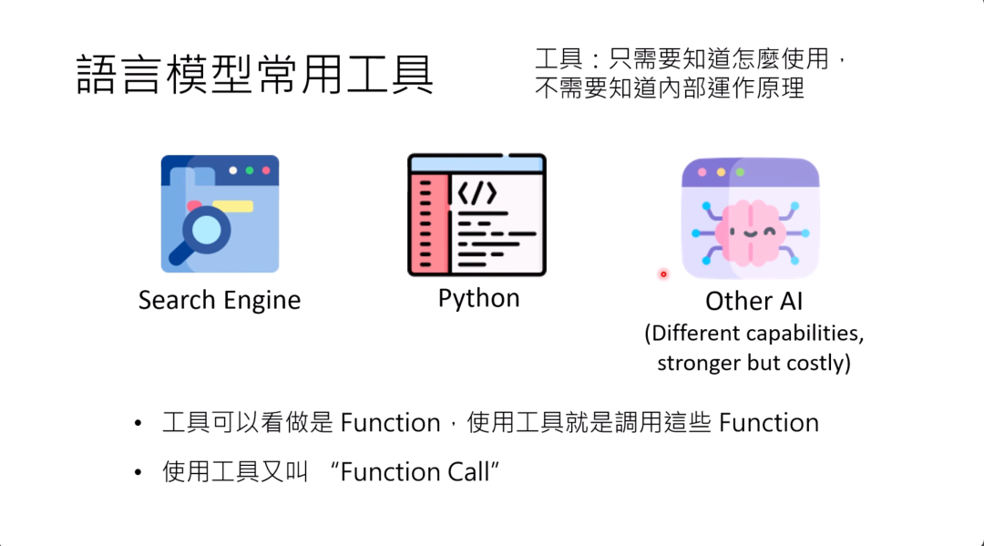 图片展示了语言模型常用的工具，包括搜索引擎、Python和其他AI。文字说明工具只需知道如何使用，无需了解内部运作原理，工具可看作函数，使用工具即调用函数，这也被称为“Function Call”。其中，其他AI具有不同能力，更强但耗费算力。图片与上下文紧密相关，上下文提到语言模型使用工具就是调用函数，图片则直观呈现了常见工具类型，帮助理解语言模型使用工具的概念。
