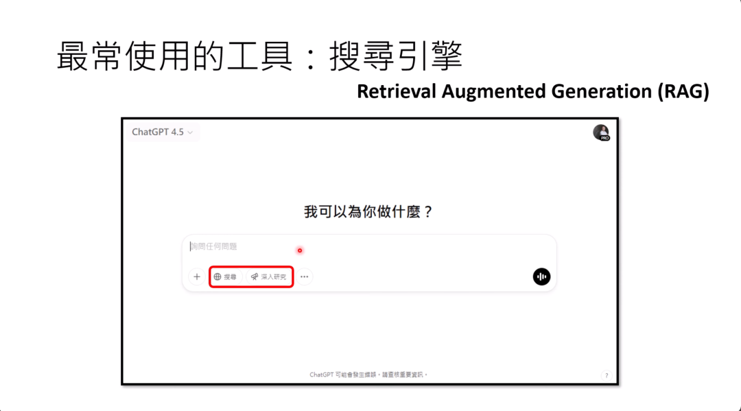 图片展示了语言模型最常使用的工具——搜索引擎，其技术名为Retrieval Augmented Generation（RAG）。画面中呈现了ChatGPT 4.5的界面，显示“我可以为你做什么？”的询问语，输入框下方有“语音”等选项，其中“语音”选项被红色框突出显示。图片与上下文紧密相关，上下文提到语言模型常使用搜索引擎，即RAG技术，此图直观呈现了使用搜索引擎工具的场景示例。