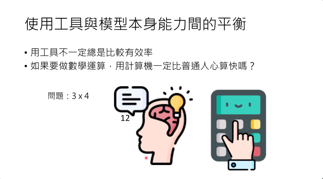 图片标题为“使用工具与模型本身能力间的平衡”。内容指出使用工具不一定总是更有效率，以数学运算为例，提出用计算机做数学运算不一定比普通人心算快，并给出“3 x 4”的问题示例，左侧人脑图像旁气泡显示答案为“12”，右侧为手指点击计算器的图像。该图与上下文紧密相关，直观地诠释了在某些简单任务上，模型本身能力可能比使用工具更具效率这一观点。