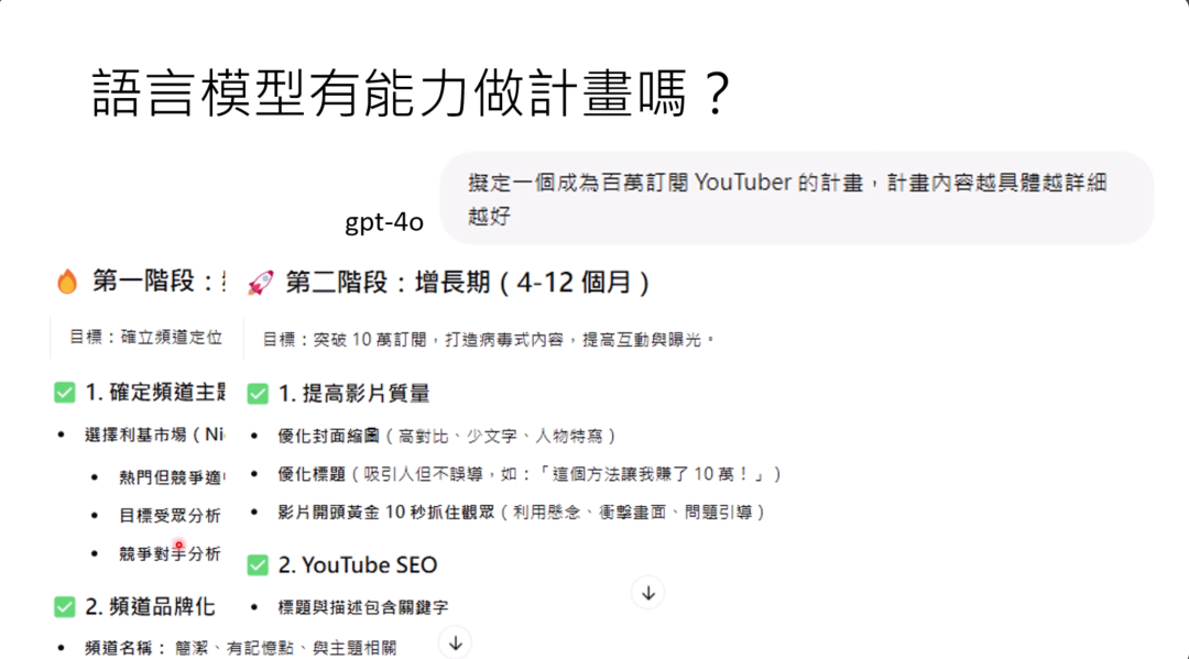 图片展示了关于“语言模型有能力做计划吗？”的内容，提出让语言模型制定成为百万订阅YouTuber的计划，内容越具体越好。接着呈现了计划的两个阶段：第一阶段目标是确立频道定位，包括确定频道主题、进行频道品牌化等；第二阶段为增长期（4 - 12个月），目标是突破10万订阅，需提高影片质量、进行YouTube SEO等。此图片与上文提到的语言模型能够制定成为百万订阅YouTuber的计划相呼应，展示了具体计划内容。