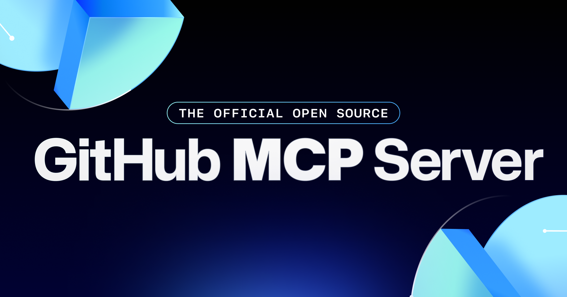图片展示的是GitHub MCP服务器相关内容，背景为深色，有蓝色几何图形装饰。画面中央以白色字体写着“GitHub MCP Server”，上方还有“THE OFFICIAL OPEN SOURCE”的字样。该图片与上下文紧密相关，上下文主要介绍了GitHub官方推出的开源MCP服务器，其由GitHub和Anthropic合作开发，用Go语言重写，性能更好、功能更全，支持自然语言让AI处理GitHub事务等功能，图片起到了对这一服务器的视觉呈现作用。
