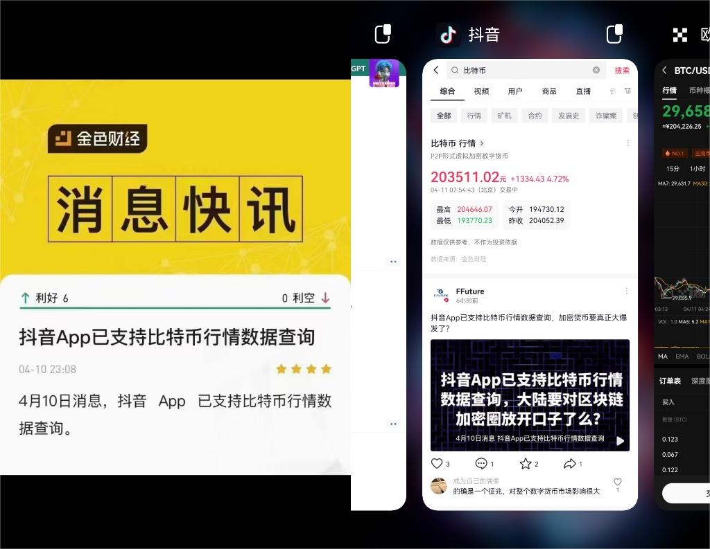 图片展示了抖音平台关于比特币价格查询的相关信息。左侧金色财经消息显示,抖音App已支持比特币行情数据jspb