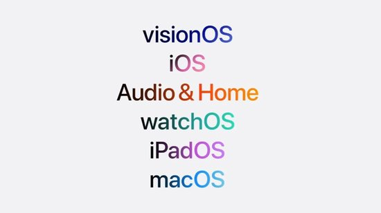 图片展示了苹果在WWDC 2024上更新的多个操作系统名称,包括visionOS、iOS、Audio & Home、watchOS、iPadOS、macOS。这些操作系统名称以不同颜色呈现,visionOS为蓝色,iOS为粉红色,Audio & Home为橙色,watchOS为绿色,iPadOS为紫色,macOS为蓝色。该图片与文档中介绍苹果在AI领域的革新内容相关,可能是苹果在此次大会上更新操作系统体系的体现。