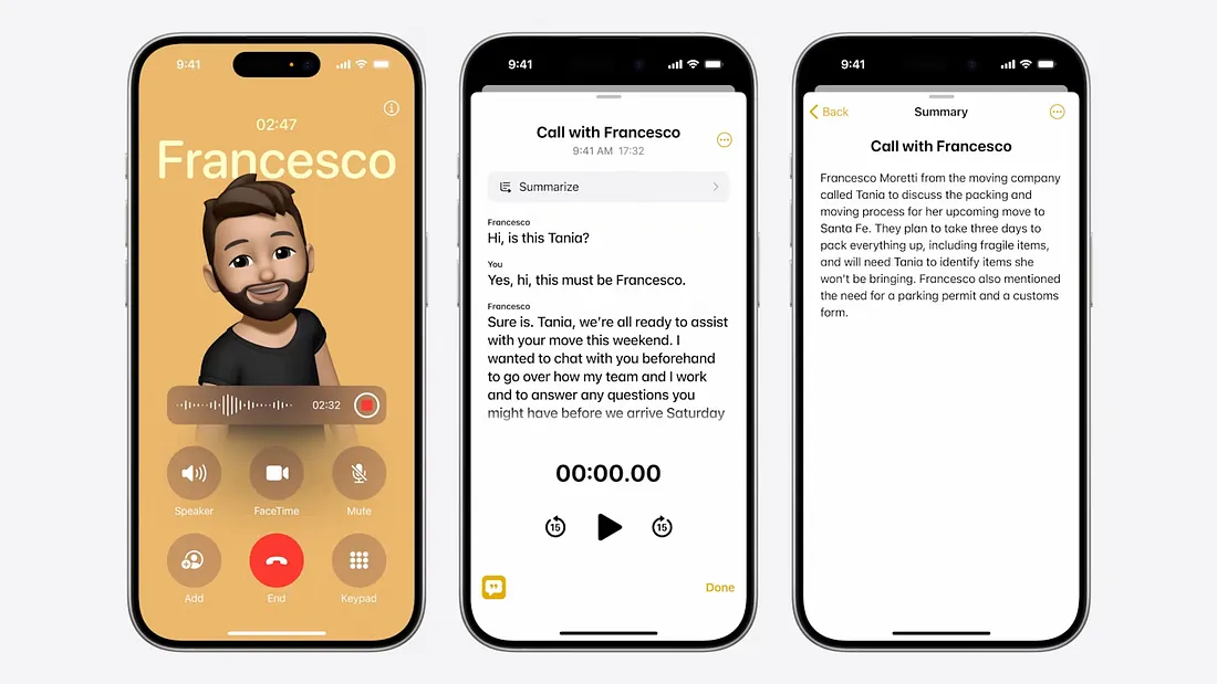 图片展示了iPhone通话界面。左侧显示通话中,有“Add”“FaceTime”“Mute”等按钮,当前通话时长2分32秒。中间界面为通话记录,显示与Francesco的通话,可选择“Summarize”并有“Hi, is this Tonia?”等对话内容。右侧为通话总结界面,显示“Call with Francesco”及通话内容摘要,如Francesco介绍自己并提及搬家事宜等。该图与文档中“通话录音并转换为笔记”内容相关,直观呈现了苹果iOS系统通话功能的智能总结功能。