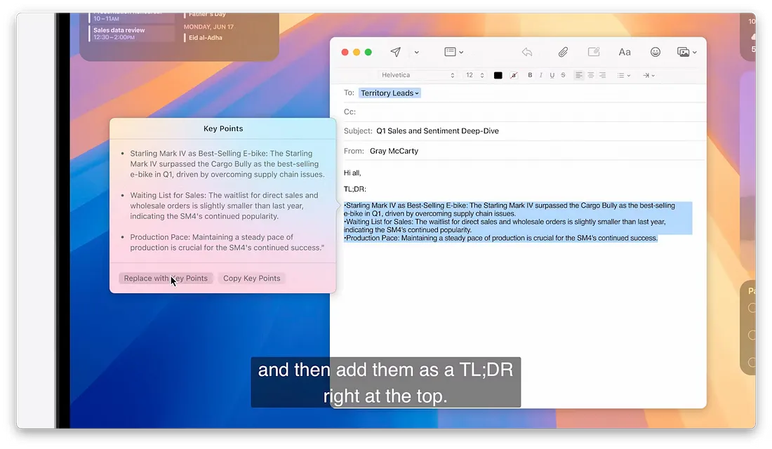 图片展示了Mac系统中Siri总结邮件内容的功能。左侧是邮件界面,显示邮件主题为“Q1 Sales and Sentiment Deep-Dive”,发件人为Gray McCarty,邮件内容包含关键点。右侧是Siri总结的邮件关键点,包括Starling Mark IV为Q1最畅销的电动自行车等信息。底部文字说明“然后将它们作为TL;DR放在顶部”。该图片与上文提到的Siri可以总结电子邮件,不仅仅是电子邮件的前几行的内容相呼应,直观呈现了Siri总结邮件内容的功能。