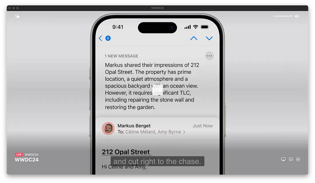 图片展示的是iPhone界面,显示时间为9:41,有信号、Wi-Fi和电池图标。界面中有一封新邮件,内容是Markus分享了对212 Opal Street的观感,该房产位置优越、氛围安静、有宽敞后院和海景,但需大量维护,如修复石墙和恢复花园。下方是Markus的头像和“Just Now”字样,以及邮件主题“212 Opal Street”。图片与上下文关系紧密,直观呈现了Siri可以总结电子邮件的功能。
